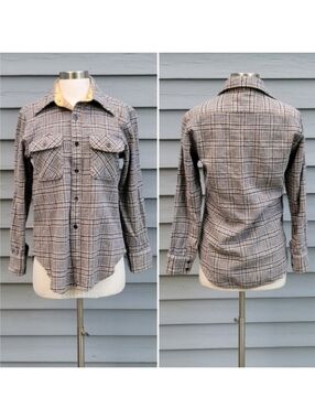 Vintage 60s J.‎ C. Penny Wool Board Shirt Tan Navy Blue Cream Plaid Surf Shirt